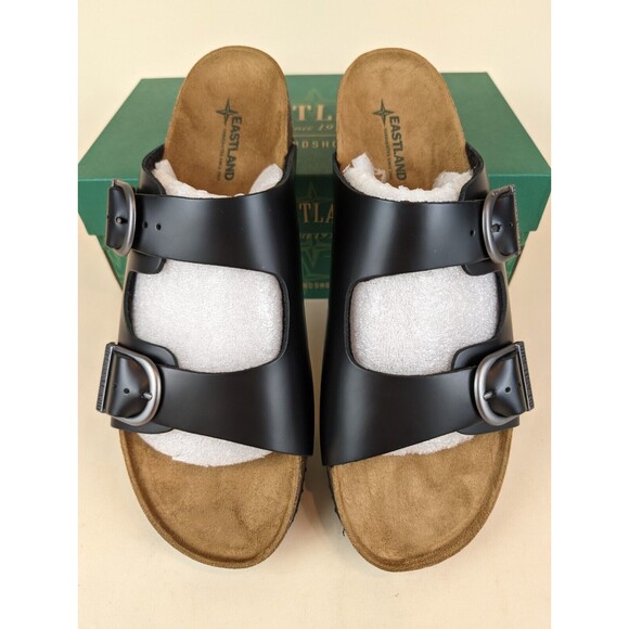 Eastland Sandals Mens 12 Cambridge Buckle Slides Black Leather Shoes Casual NEW